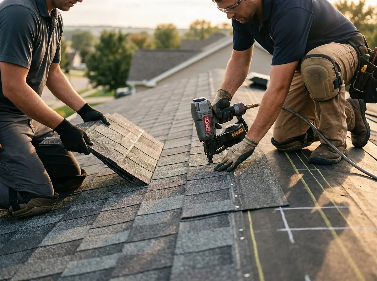 Professional roofer working on a residential roof in Southeast